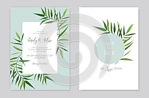 Tropical palm leaves wedding invite card. Watercolor green leaf frame, wreath border decoration. Editable design template