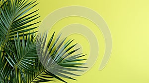 Tropical palm leaves on yellow background, space for text