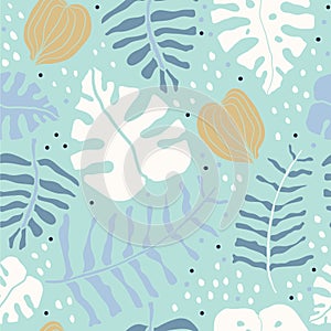 Tropical palm monstera leaves seamless pattern