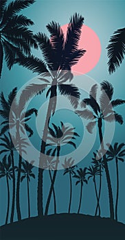 Tropical palm with pink moon sunrise and blue sky