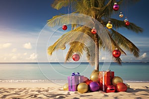 Tropical palm tree decorated with New Year\'s balls with gifts under the tree on a sandy beach near the ocean