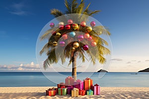 Tropical palm tree decorated with New Year\'s balls with gifts under the tree on a sandy beach near the ocean