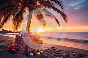 Tropical palm tree decorated with New Year\'s balls with gifts under the tree on a sandy beach near the ocean