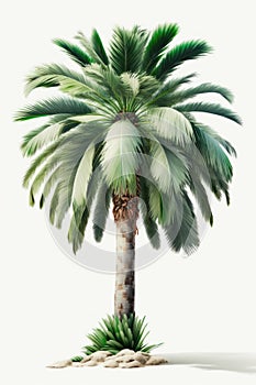Tropical palm tree with green branch isolated on white background