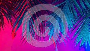 Tropical palm tree and leaves in vibrant color gradient background