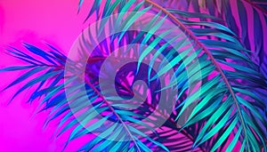 Tropical palm tree and leaves in vibrant color gradient background