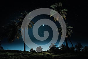 Tropical Palm tree night dark. Generate Ai