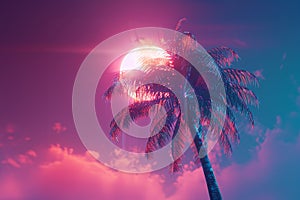 Tropical palm tree with sun light. Summer vacation wallpaper. Fluorescent colours