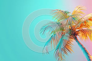 Tropical palm tree with sun light. Summer vacation wallpaper. Fluorescent colours
