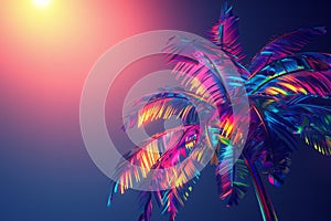 Tropical palm tree with sun light. Summer vacation wallpaper. Fluorescent colours