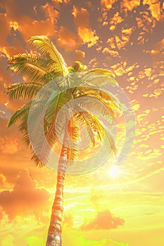 Tropical palm tree with sun light. Summer vacation wallpaper. Fluorescent colours