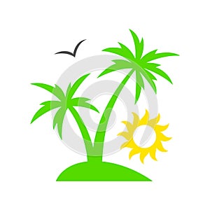 Tropical palm tree with sun. Summer beach. Sunset. Palm tree silhouette. Vector illustration