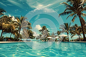 Tropical palm tree vacation paradise swmming pool ocean getaways