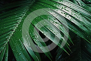 Tropical Palm Tree with Vibrant Green Leaves and Water Droplets Texture AI Generated