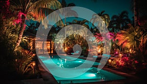 Tropical palm trees illuminate luxury resort tranquil poolside at dusk generated by AI