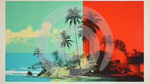 Tropical Palm Trees Island Painting With 1970s Color Blocking