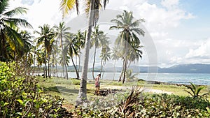 Tropical palm trees and ocean landscape at Las Galeras Beach in the SamanÃ¡ Bay of Caribbean Dominican Republic.