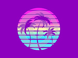 Tropical palm trees at sunset in a futuristic 80s style. Summer time, silhouettes of palm trees in synthwave and retrowave style.