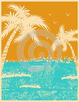 Tropical palms background with ocean waves