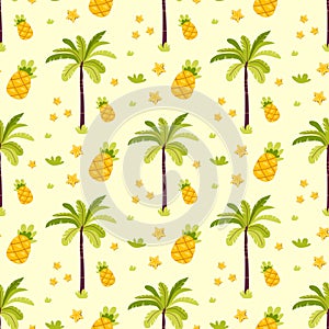 Tropical Palms and Pineapples background seamless pattern. Botanical vector wallpaper