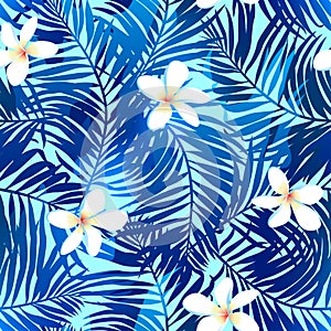 Tropical palms seamless pattern in blue with Frangipani flower