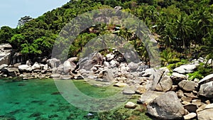 Tropical palms and stones on small beach. Many green exotic palms growing on rocky shore near calm blue sea in Hin Wong Bay on