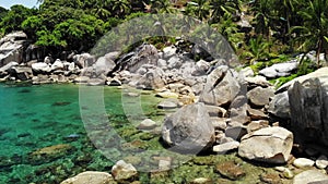 Tropical palms and stones on small beach. Many green exotic palms growing on rocky shore near calm blue sea in Hin Wong Bay on