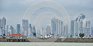 Tropical Panama City skyline as storm approaches.