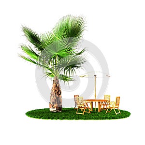 Tropical panorama with palm trees and dining table set