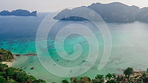 Tropical panoramic landscape with a bay at Phi Phi islands in Thailand.