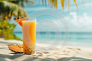 Tropical Papaya lassi or fruits juice on sunny beach under palm shadow. Generative AI