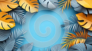Tropical Paper Leaves Frame on Blue Background