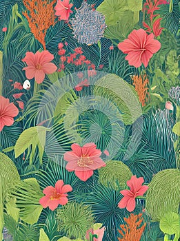 Tropical papercut duotone with fruits flowers.