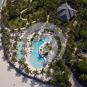 Tropical Paradise: Aerial View of Luxurious Resort with Pristine Beaches, Pool, and Recreational Amenities