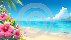 Tropical paradise background with hibiscus flowers on beach backdrop. Bright summer sunny day template design with a copy space