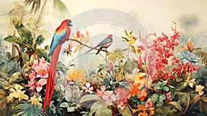 Tropical paradise, background with plants, flowers, birds, butterflies in vintage painting style