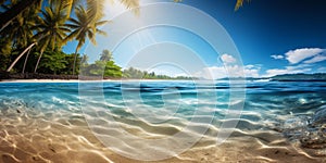 Tropical paradise beach with golden sand lush palm trees and clear blue ocean waters under a bright sun with a soft lens flare