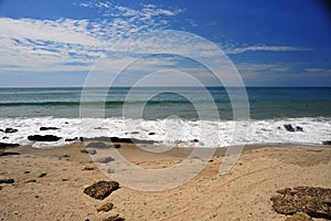 tropical paradise beach with pacific ocean and blue sky in mancora piura peru without people