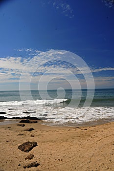 tropical paradise beach with pacific ocean and blue sky in mancora piura peru without people