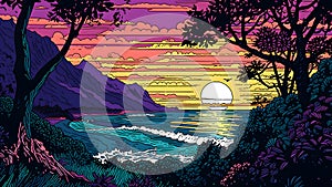 tropical paradise beach at sunset or sunrise in artistic 2d wall art drawing style, neural network generated image