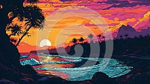 tropical paradise beach at sunset or sunrise in artistic 2d wall art drawing style, neural network generated image