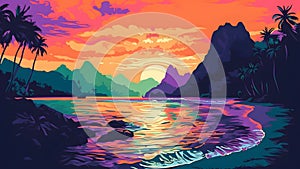 tropical paradise beach at sunset or sunrise in artistic 2d wall art drawing style, neural network generated image