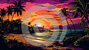 tropical paradise beach at sunset or sunrise in artistic 2d wall art drawing style, neural network generated image