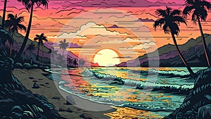 tropical paradise beach at sunset or sunrise in artistic 2d wall art drawing style, neural network generated image