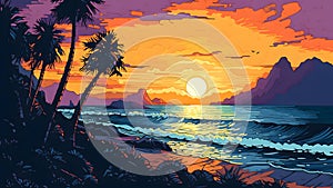 tropical paradise beach at sunset or sunrise in artistic 2d wall art drawing style, neural network generated image