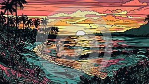 tropical paradise beach at sunset or sunrise in artistic 2d wall art drawing style, neural network generated image