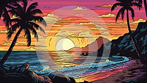 tropical paradise beach at sunset or sunrise in artistic 2d wall art drawing style, neural network generated image