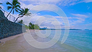 Tropical paradise beach with white sand and coco palms travel tourism wide panorama background concept in hawai 2019