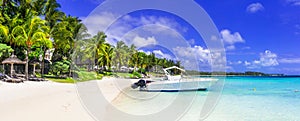 Tropical paradise beach with white sand and palm trees.  Belle Mare beach Mauritius island