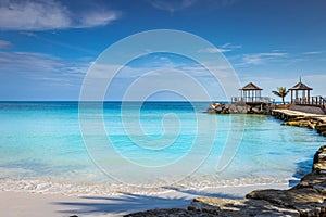 Tropical paradise: caribbean beach with pier and gazebo, Montego Bay, Jamaica